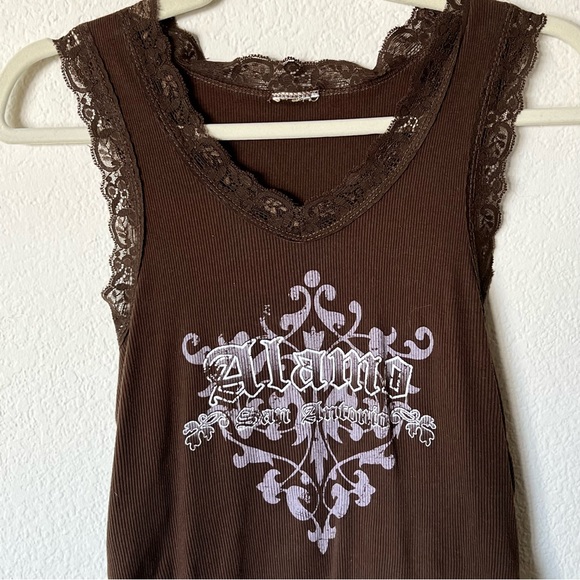 Y2K 2000s mcbling chocolate brown lace Alamo tank top - Picture 2 of 3